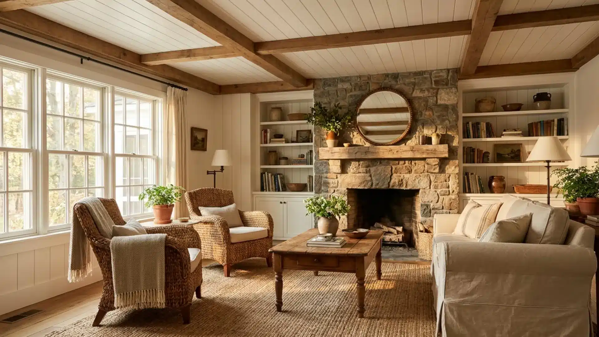 coffered ceiling featuring shiplap lined panels in a cottage style room