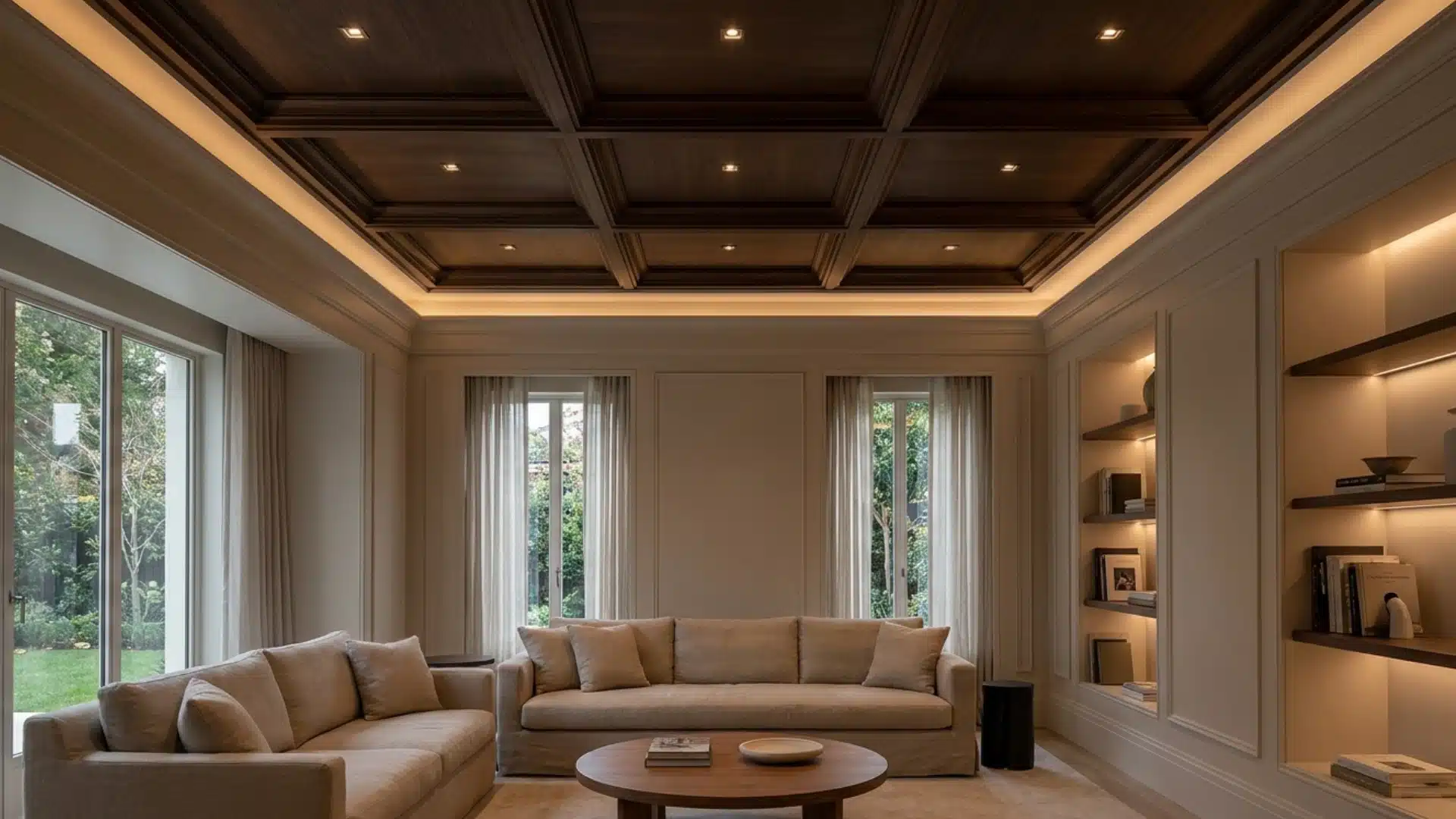 coffered ceiling featuring small recessed lights inside individual panels