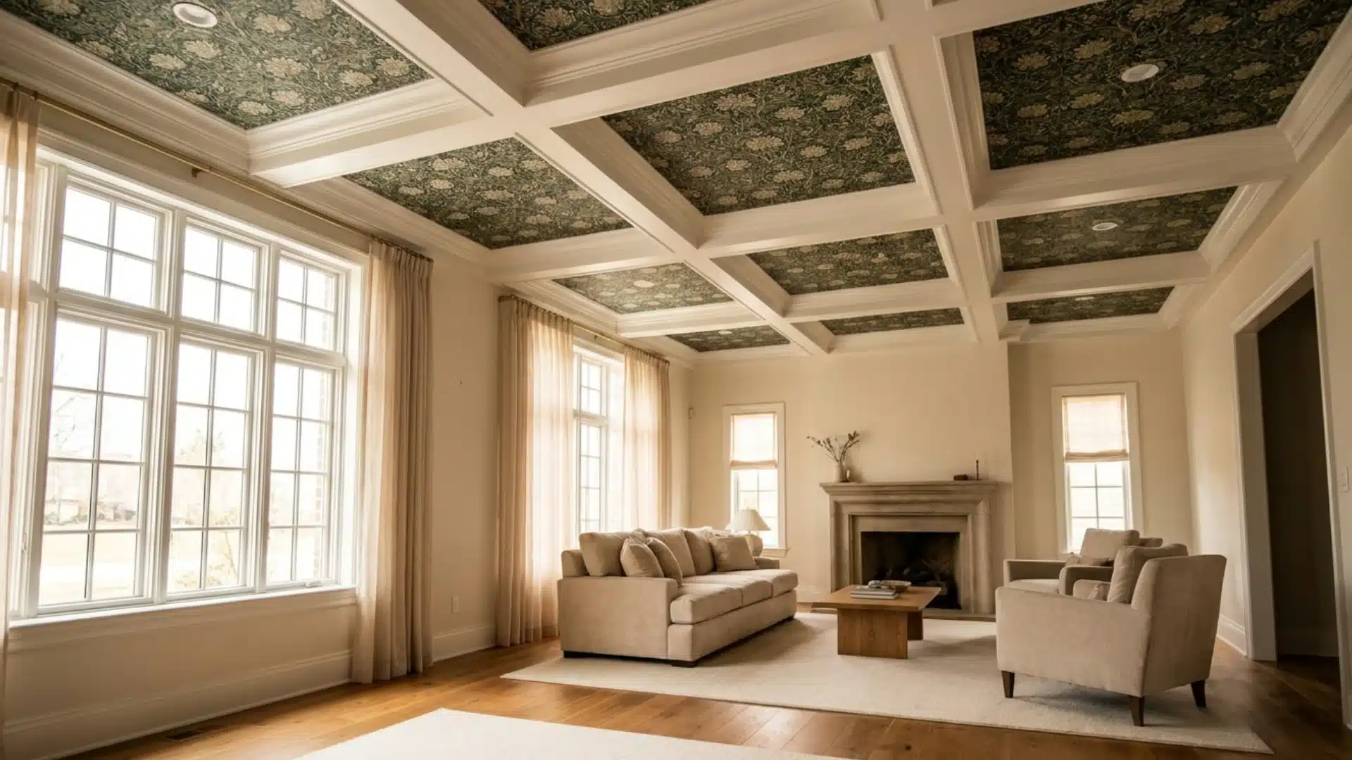 Living room with a patterned coffered ceiling, tall windows, neutral seating, and a fireplace