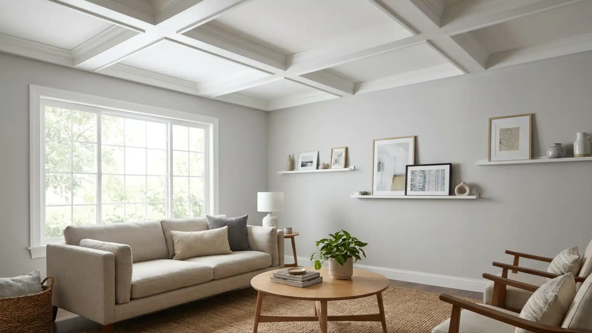 coffered ceiling made from lightweight faux MDF beams