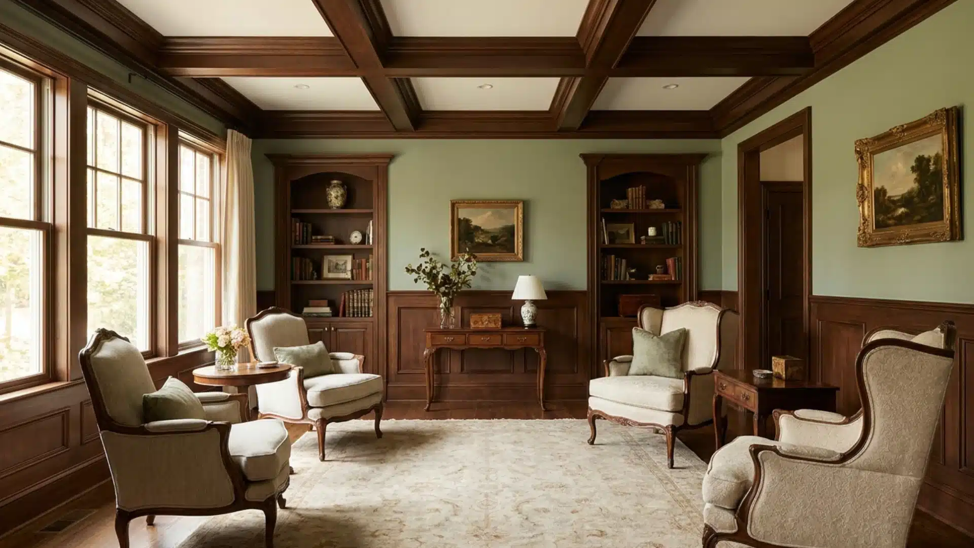 coffered ceiling matching wainscoting and trim on the walls below