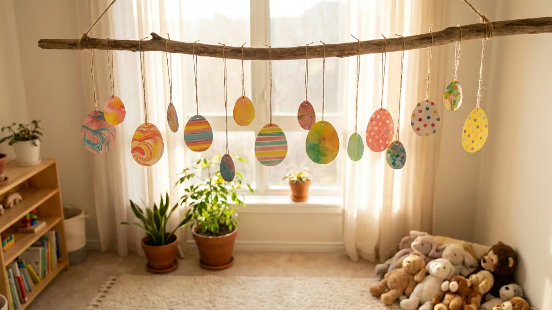 colorful paper eggs hanging from a branch near a window