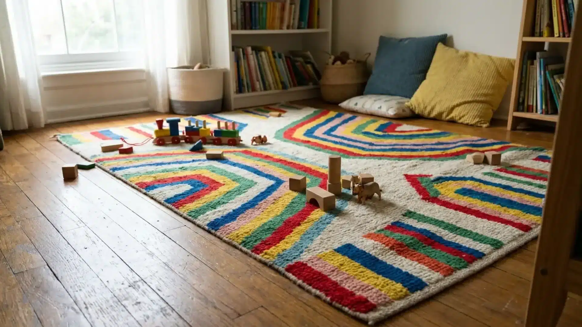 colorful rainbow striped area rug on wood floor with wooden toys in a play space