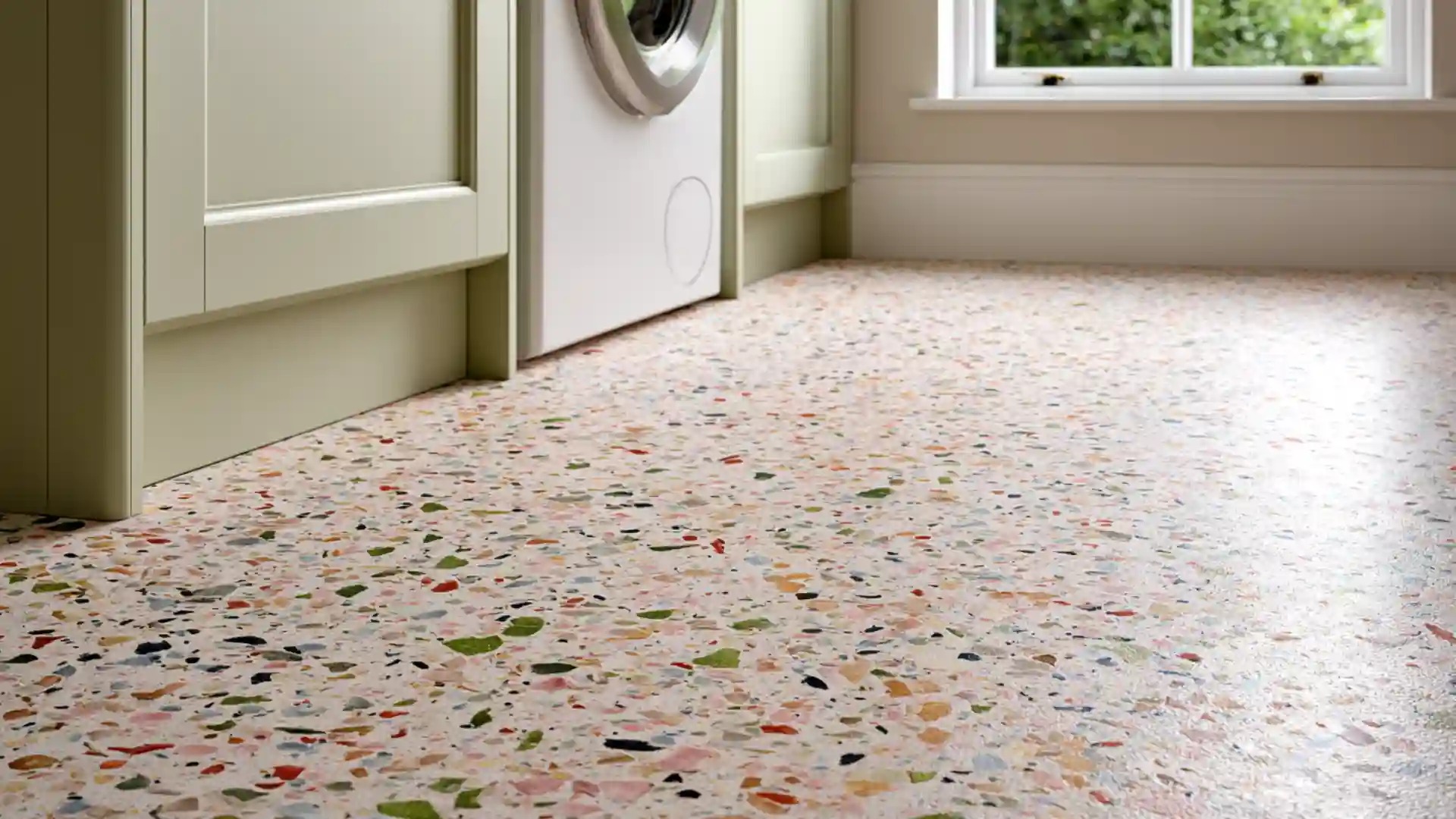 colorful terrazzo look flooring with flecks of red green and blue beside a front load washer