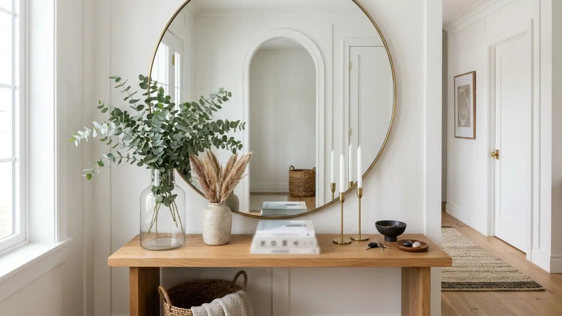 console table with eucalyptus and dried grass in vases, candles, books, and bowl beneath a large round mirror in a bright hallway