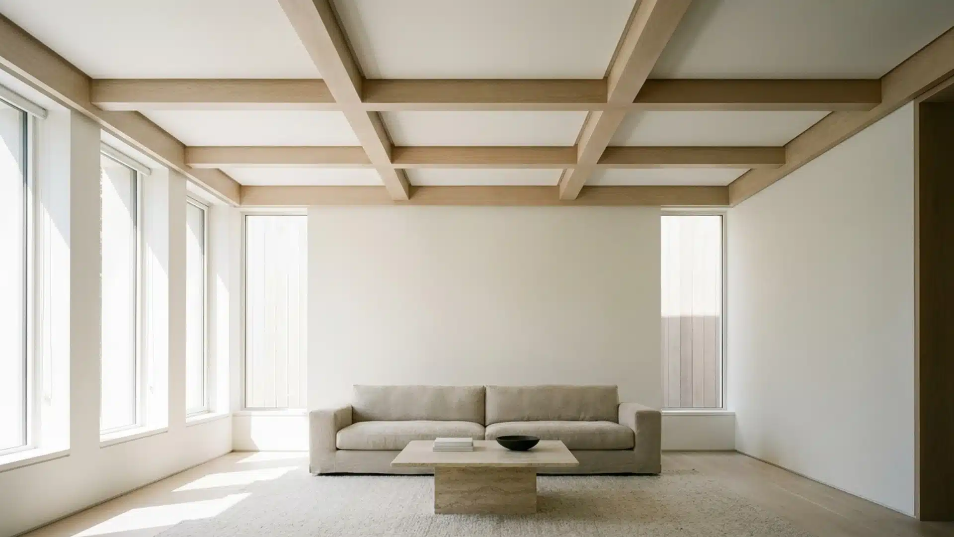 contemporary room featuring a flush minimalist modern coffered ceiling