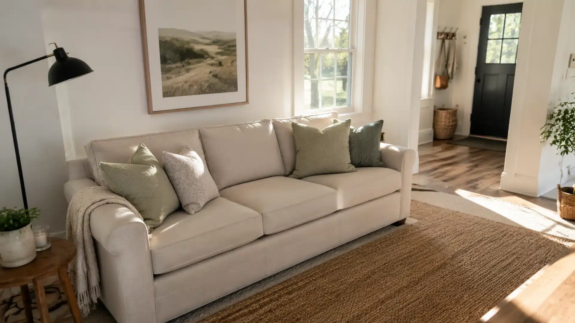 cozy modern farmhouse living room with neutral sofa, sage pillows, jute rug, and black accents