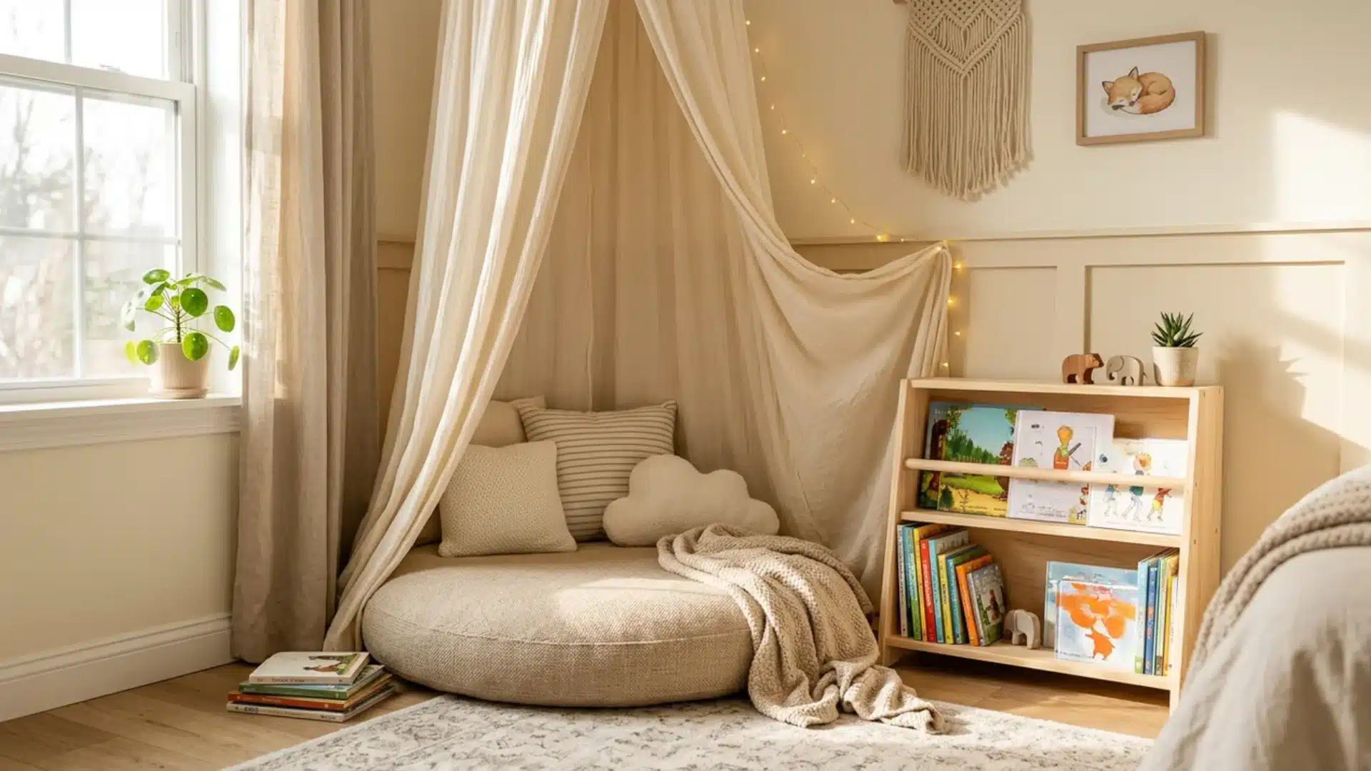 cozy reading nook with round cushion canopy drape and wooden bookshelf filled with books