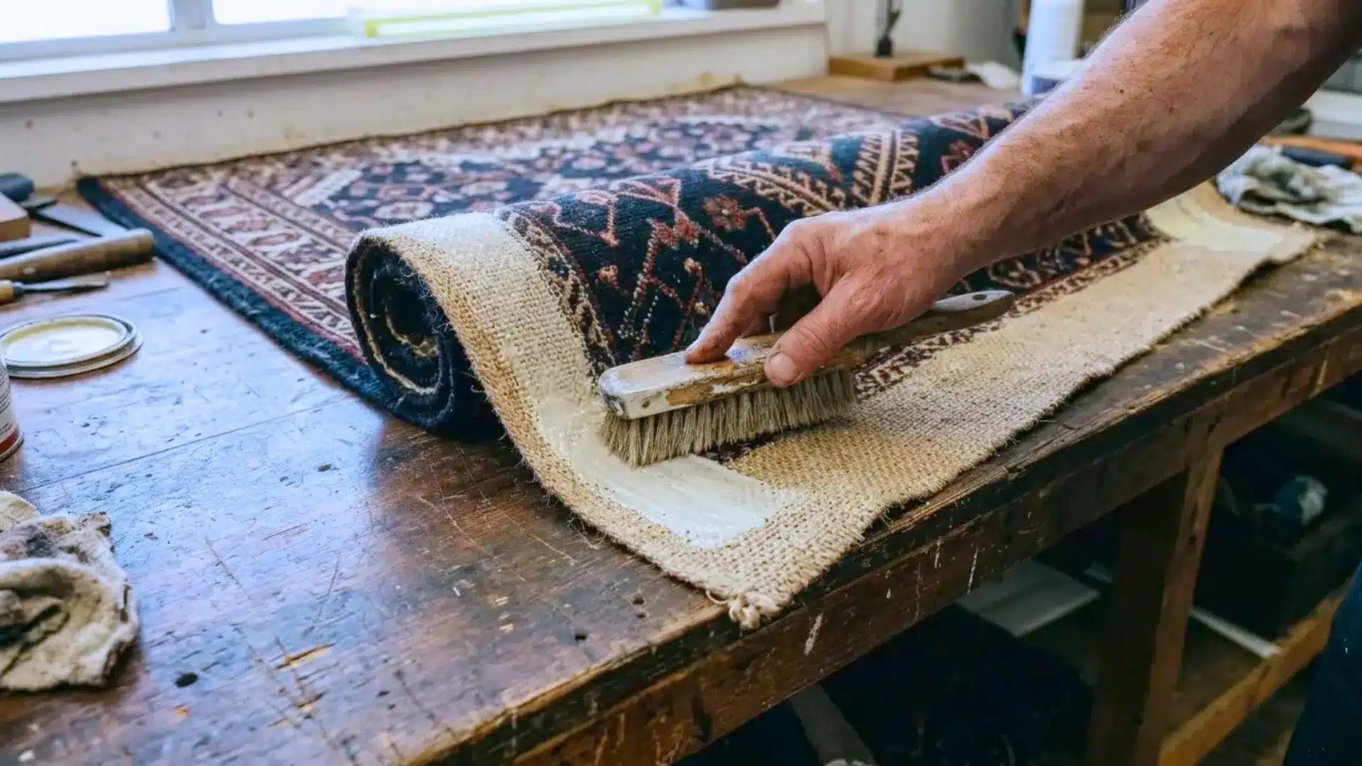craftsman brushing rubber backing coating onto underside of patterned wool rug