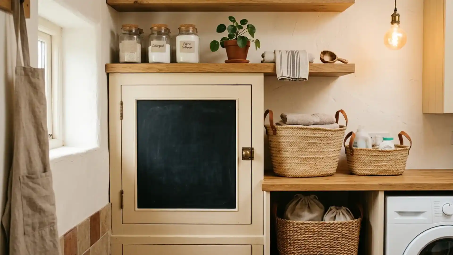 cream cabinet with a chalkboard panel door beside woven baskets and labeled glass jars