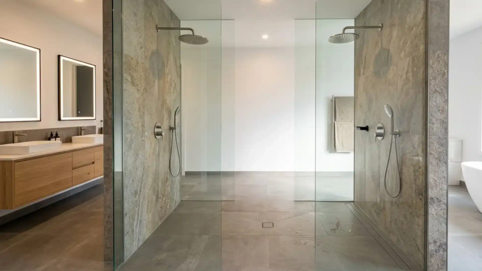 curbless double shower with two heads, frameless glass dividers, and continuous stone tile flooring