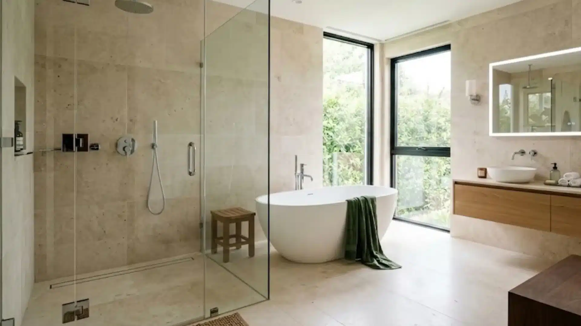 modern bathroom with curbless glass shower, white tub, wood vanity, and beige tile floor