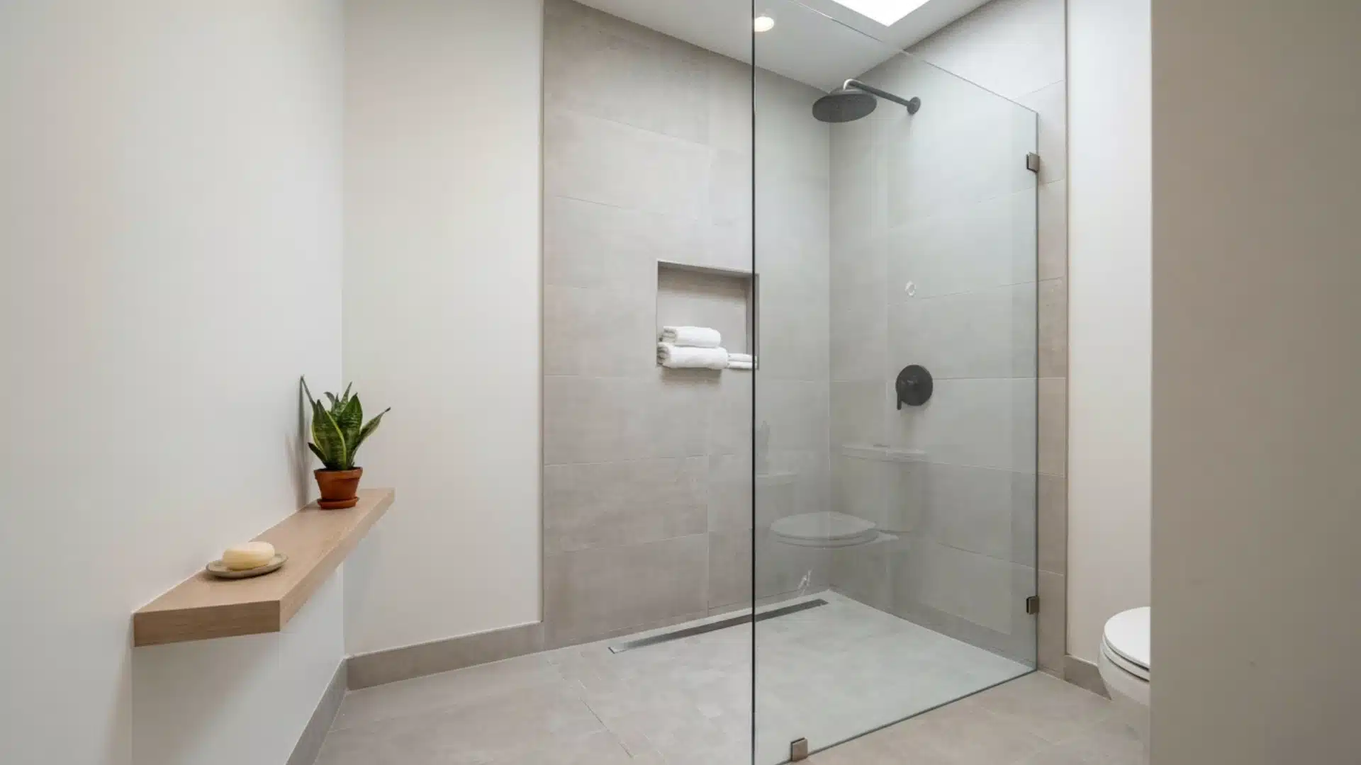 curbless shower with glass wall gray tile niche towels and wood soap shelf