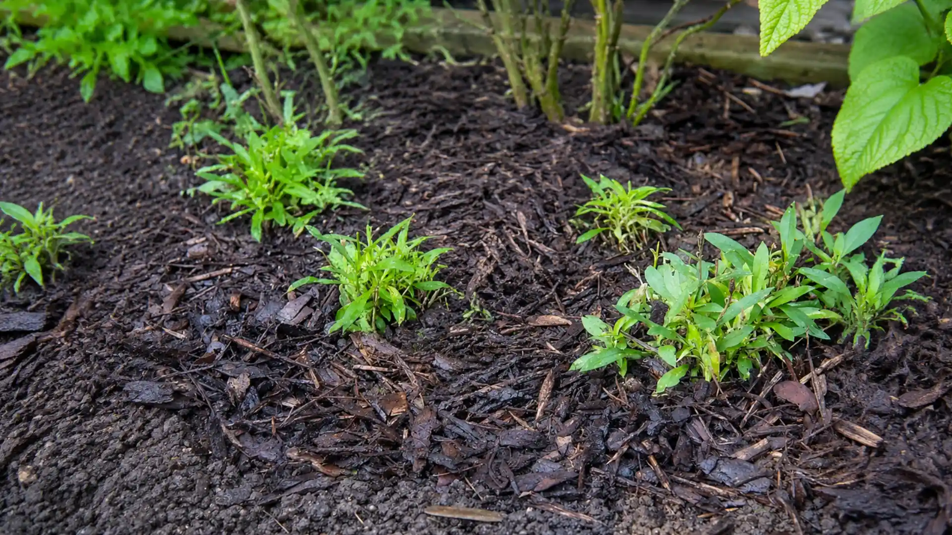 dark wood-chip mulch spread around small green plants in a moist garden bed