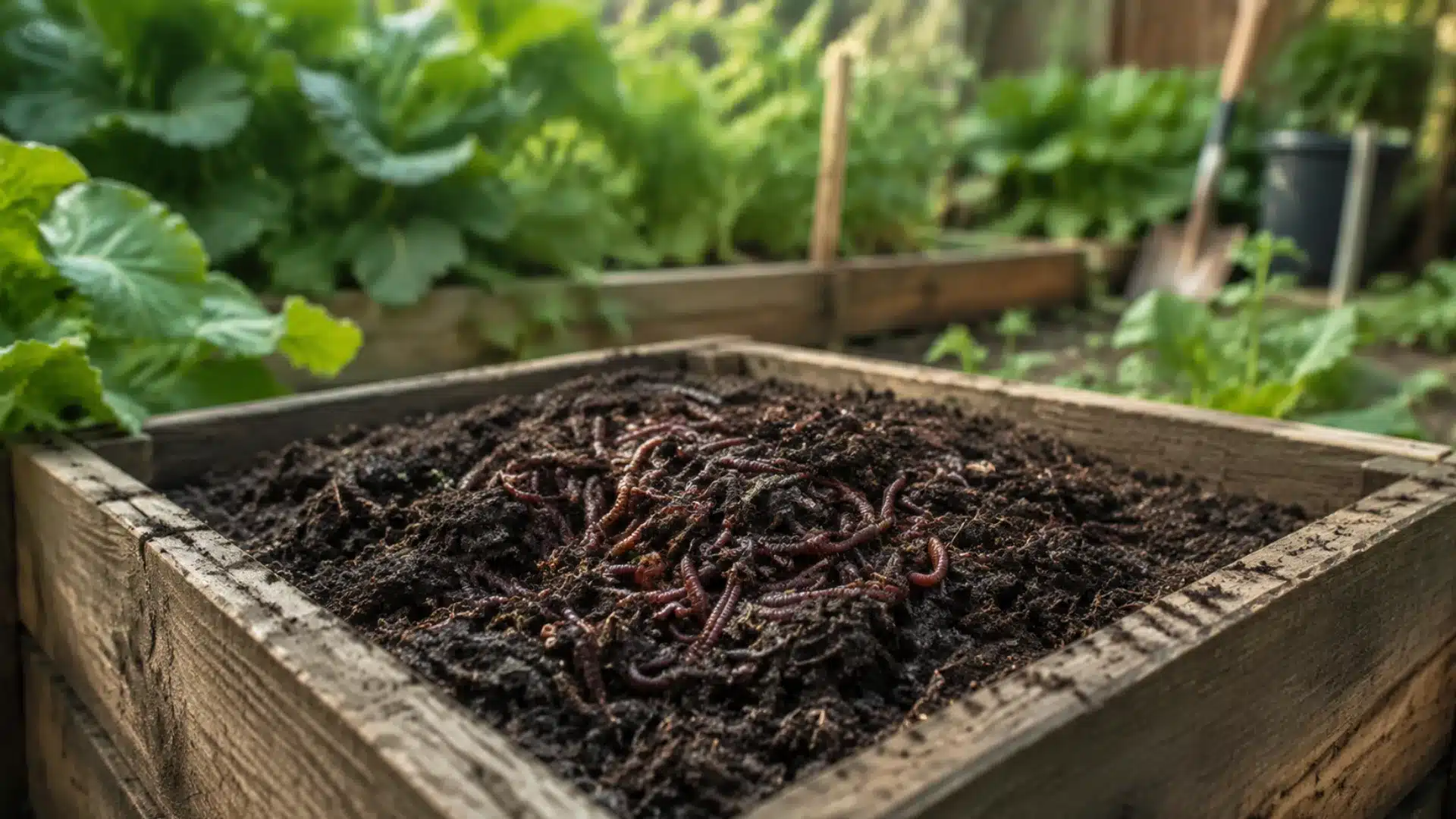 dark worm castings with visible earthworms inside a rustic wooden garden box