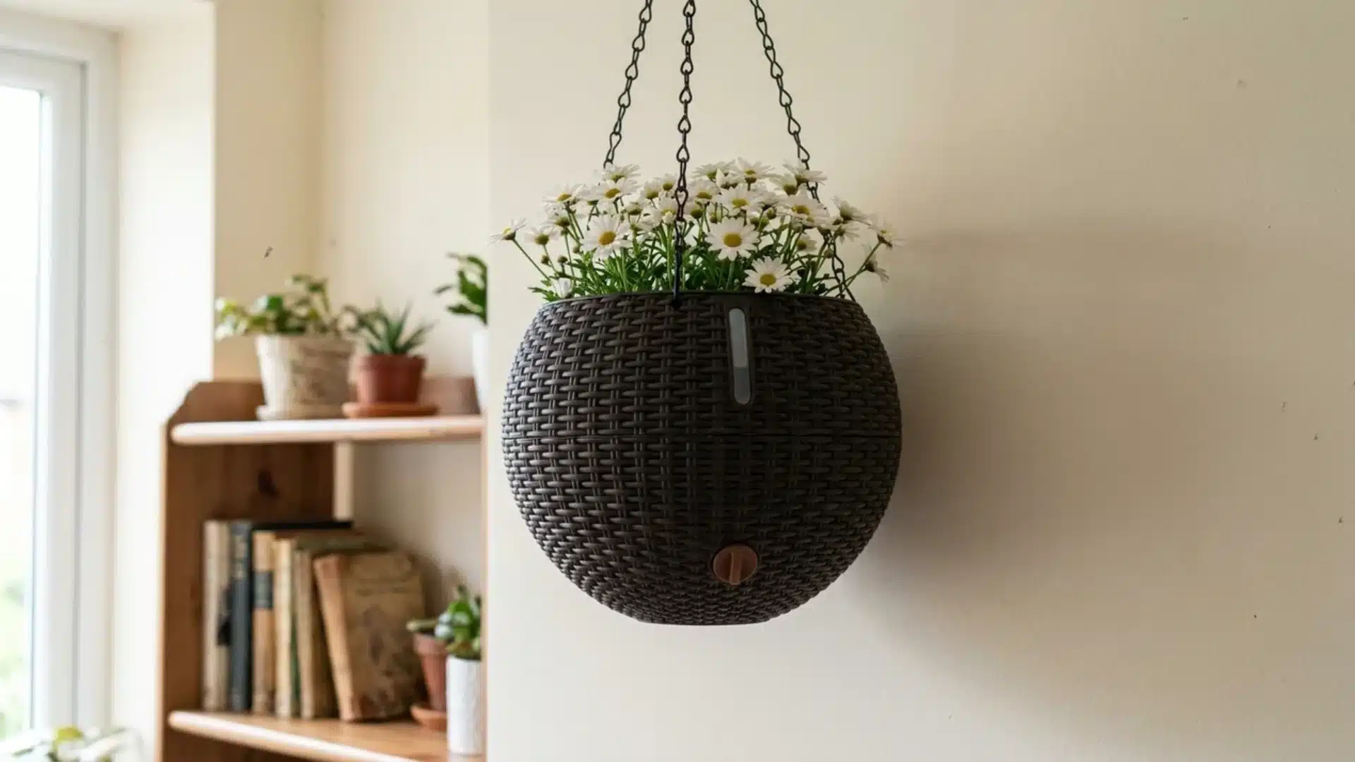 dark woven rattan hanging planter with white daisies and visible water indicator