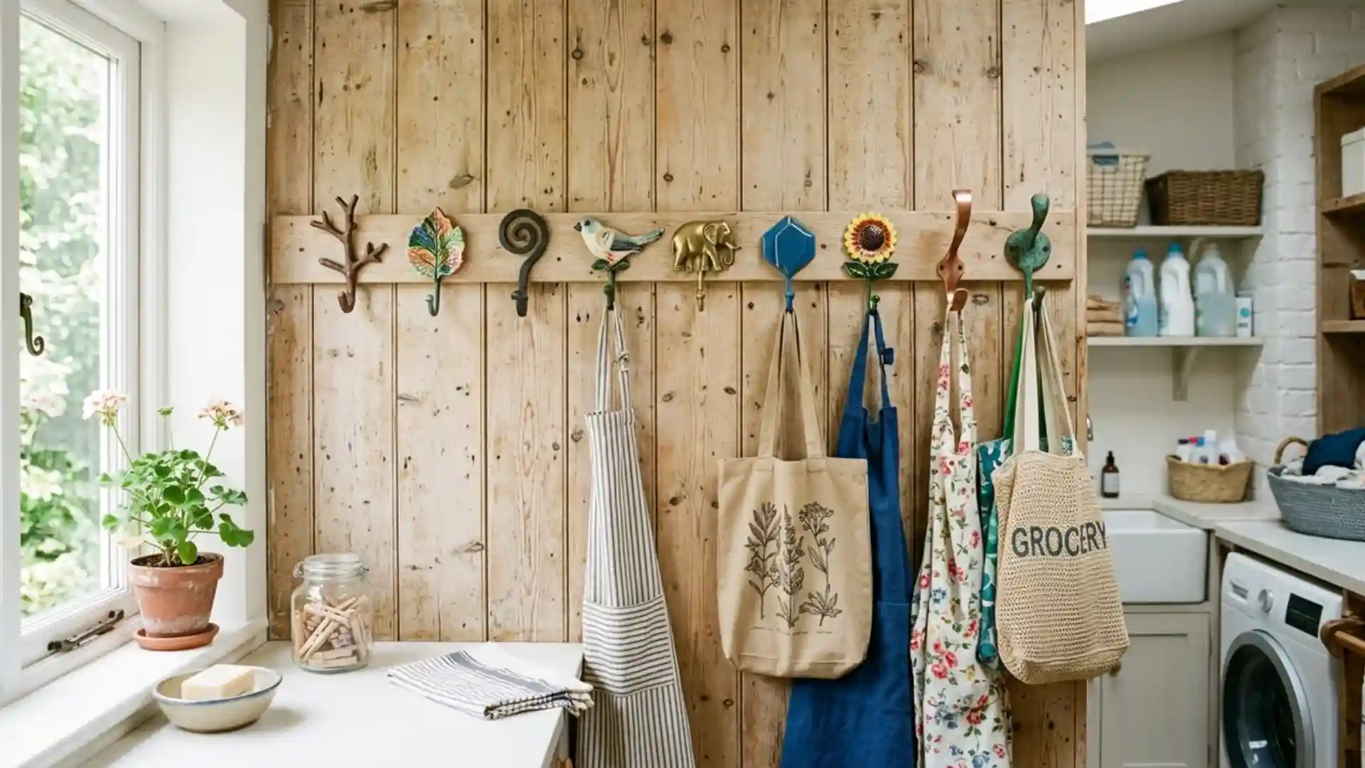 decorative wall hooks shaped like leaves and animals holding aprons and tote bags on wood panel