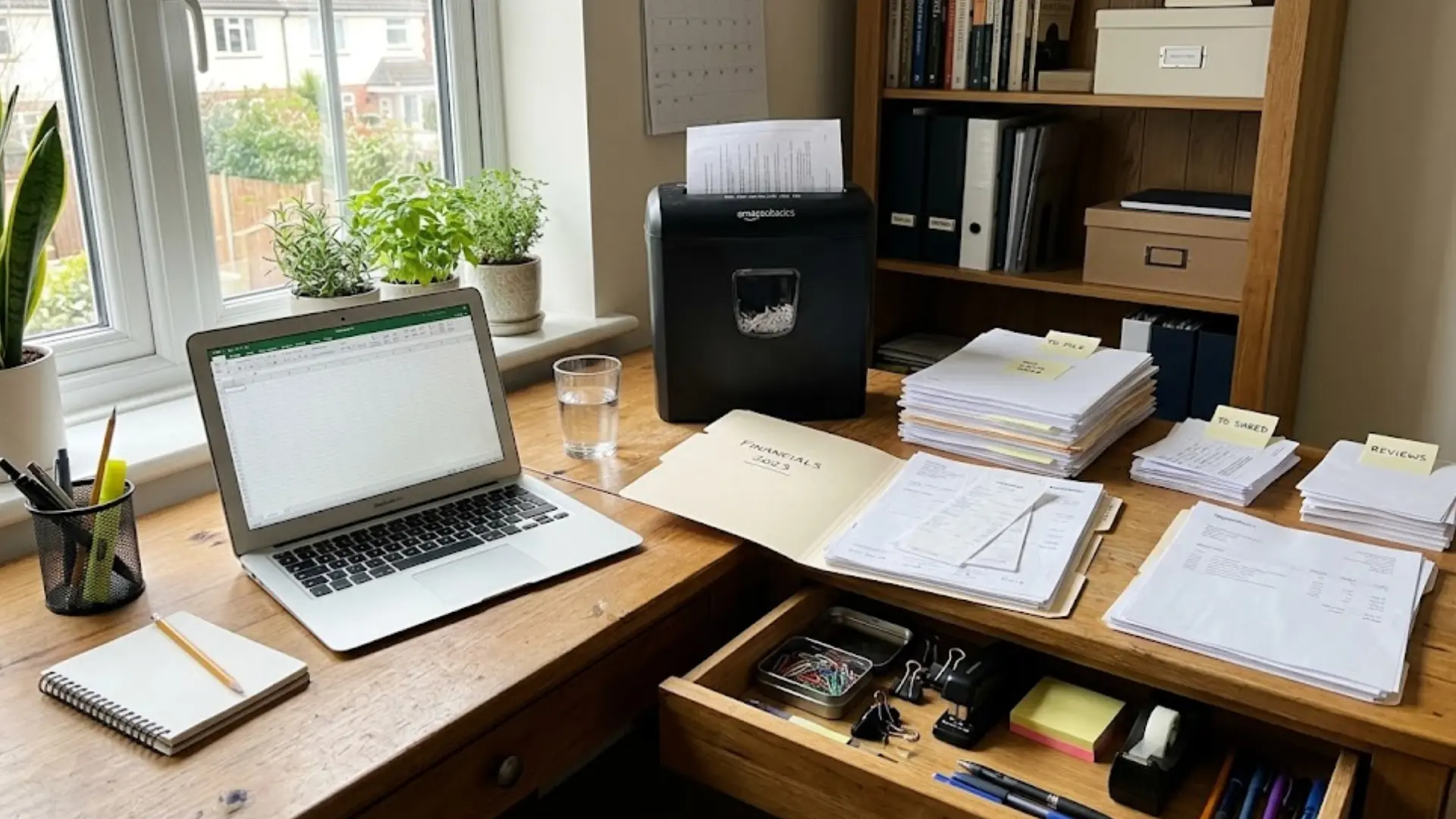 desk with laptop paper shredder stacked files sticky notes and open drawer full of office supplies