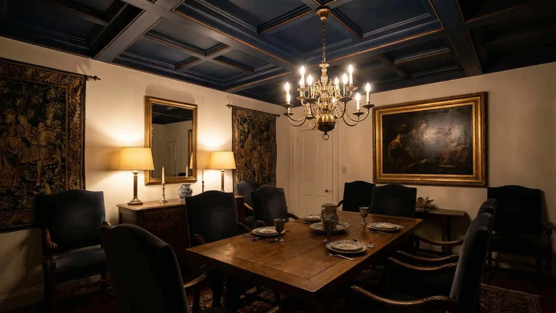 dining room featuring a moody navy fully painted coffered ceiling