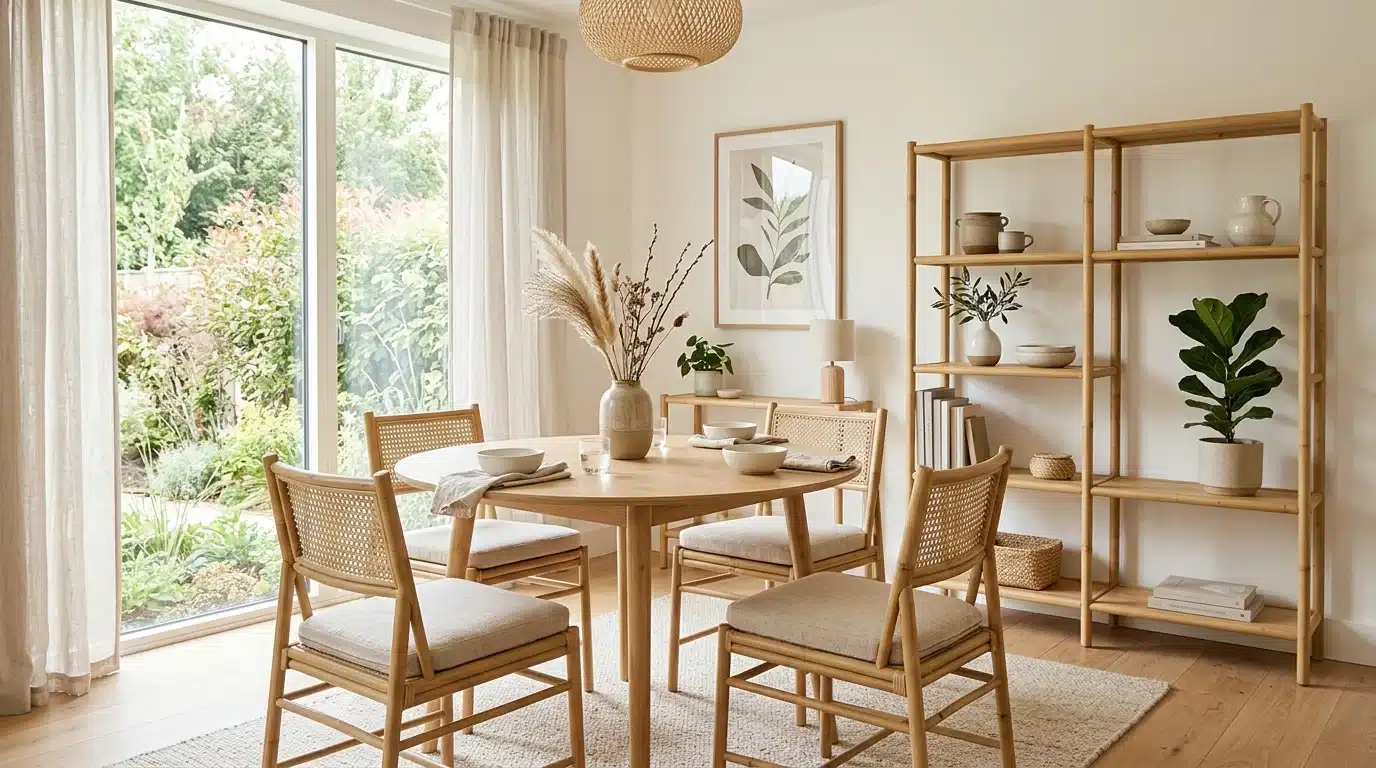 dining room with a round wooden table, four woven chairs, large windows overlooking a garden, open shelving, plants, and tableware