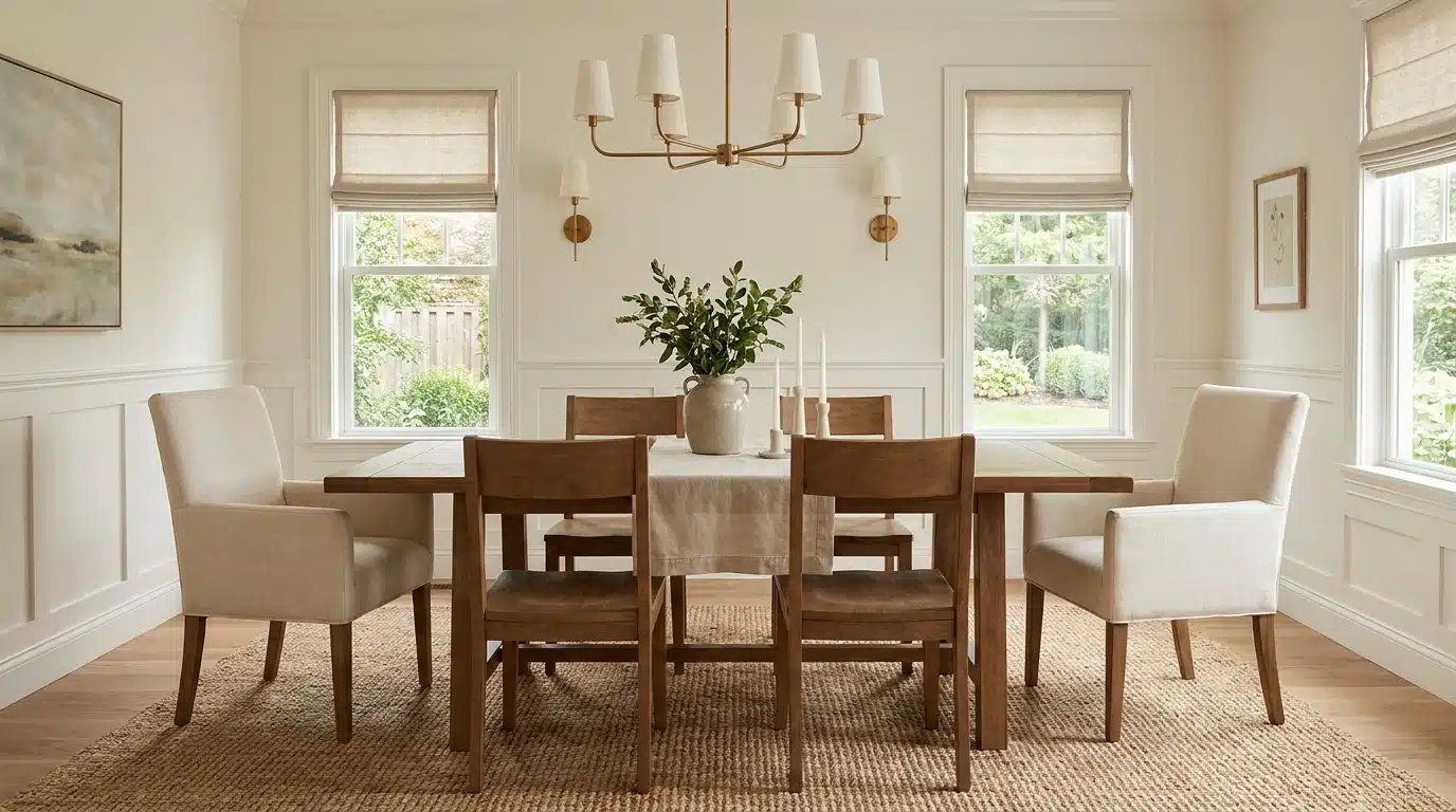dining room with a wooden table, six chairs, a vase of greenery, candles, windows, wall sconces, and a chandelier