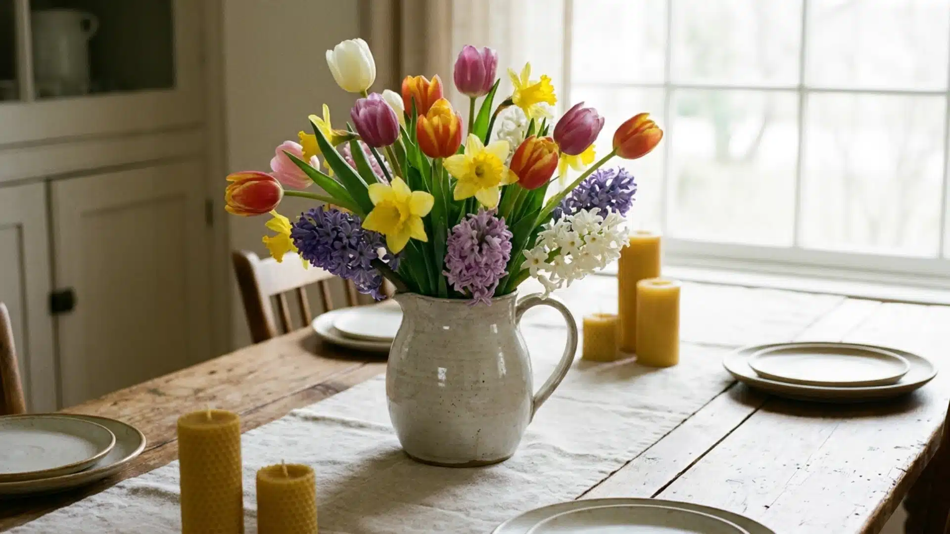 dining table centerpiece featuring tulips daffodils and hyacinths in a pitcher