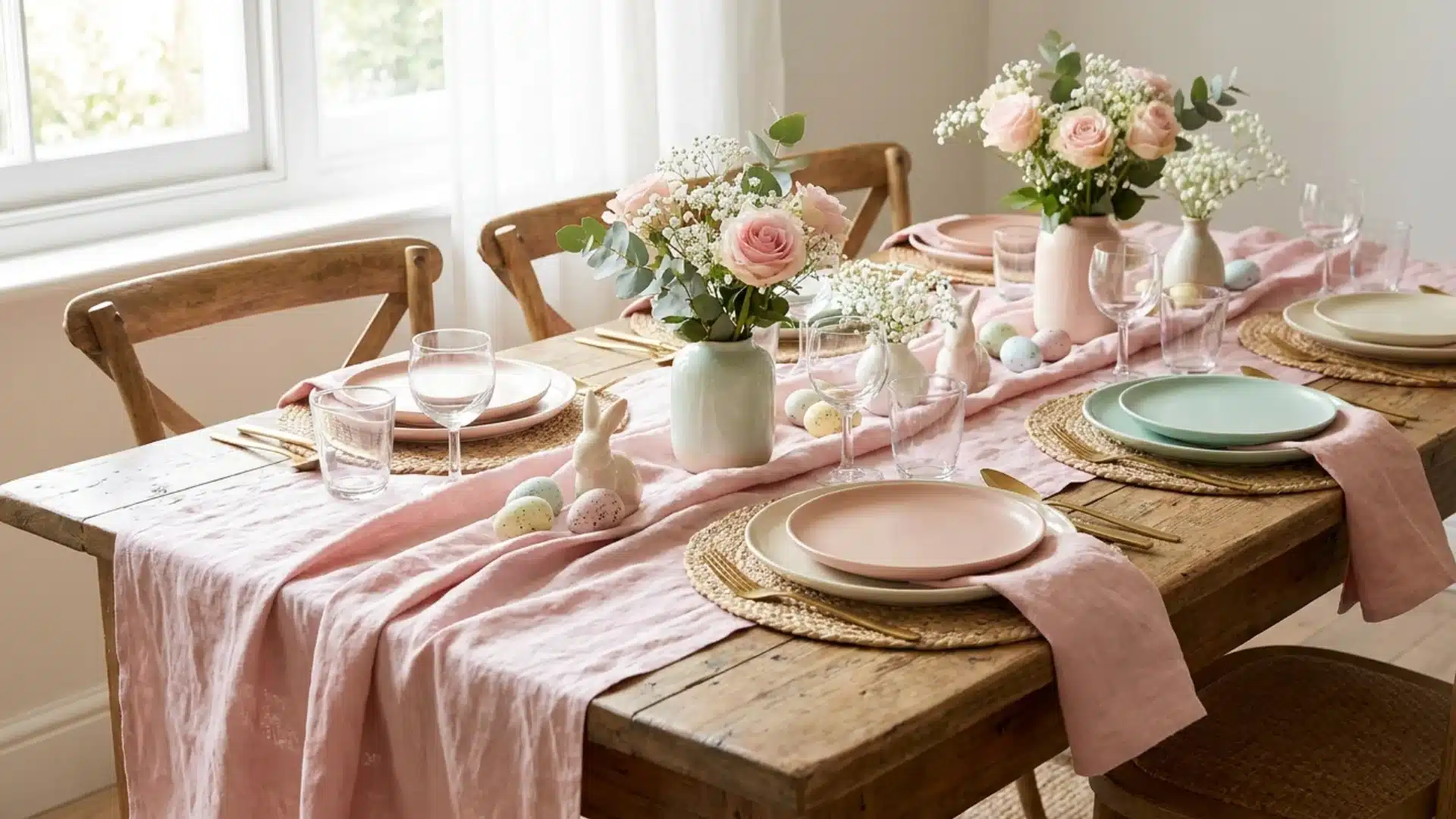 dining table set with pastel pink linens and coordinating floral accents