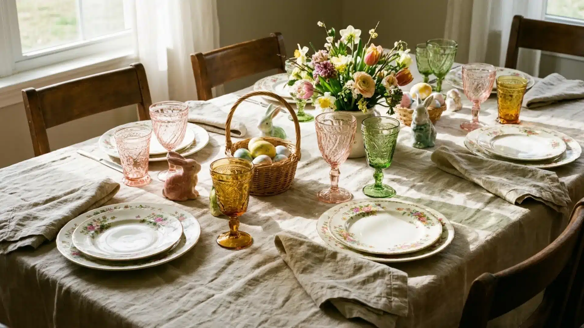 dining table set with vintage floral plates and colored glassware