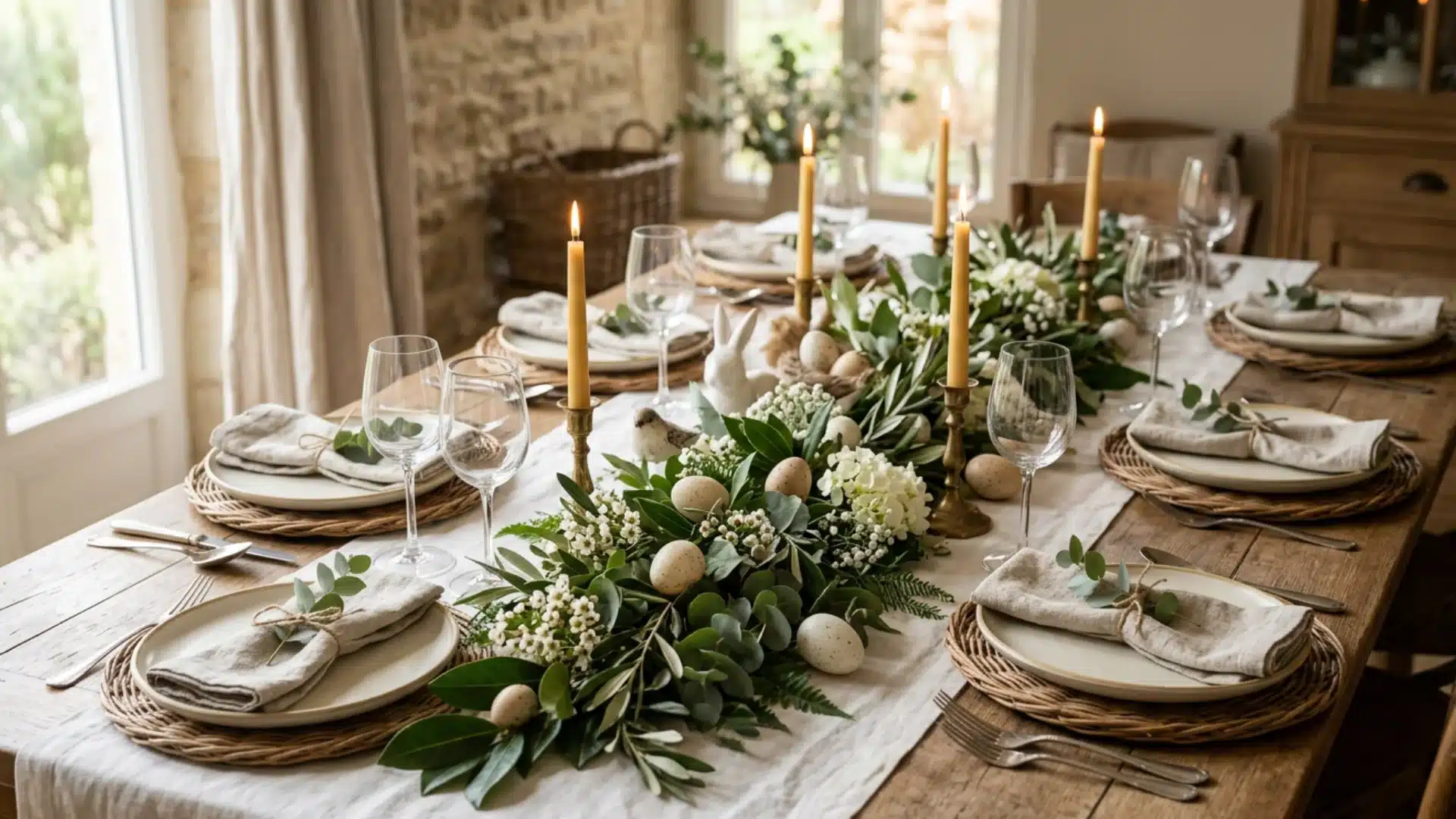 dining table set with white linens wood chargers and greenery