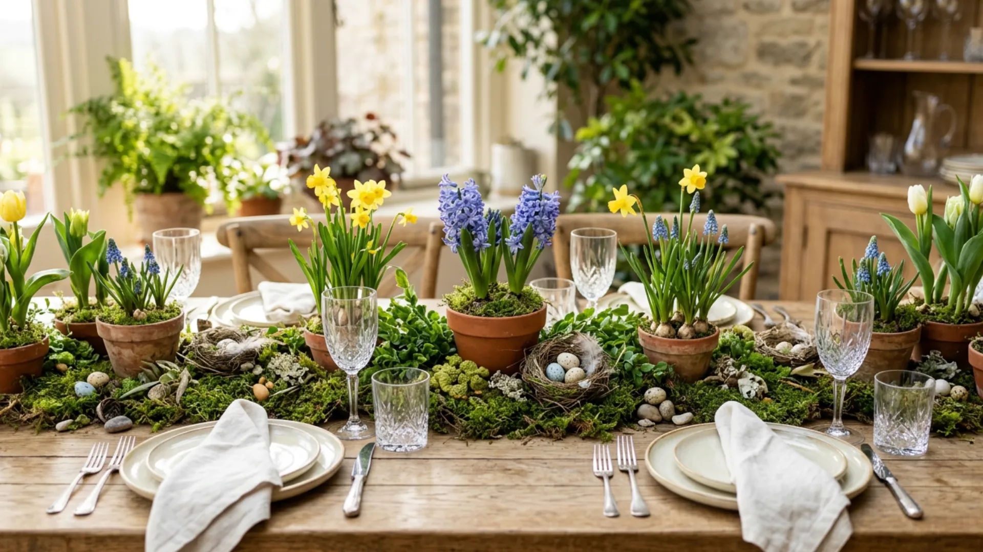 dining table styled with moss terracotta pots and miniature nests