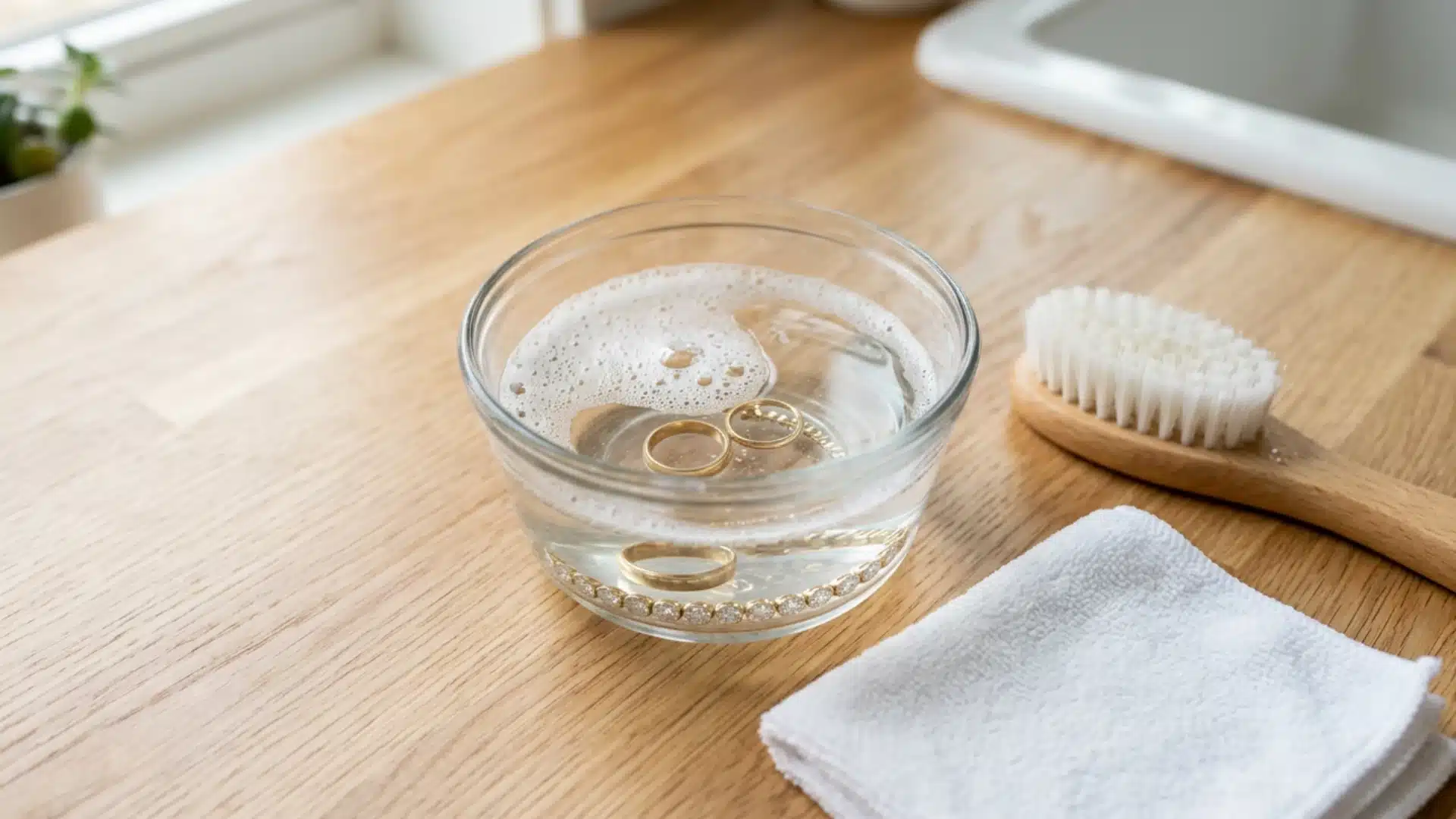 dish soap baking soda and water with rings bracelet