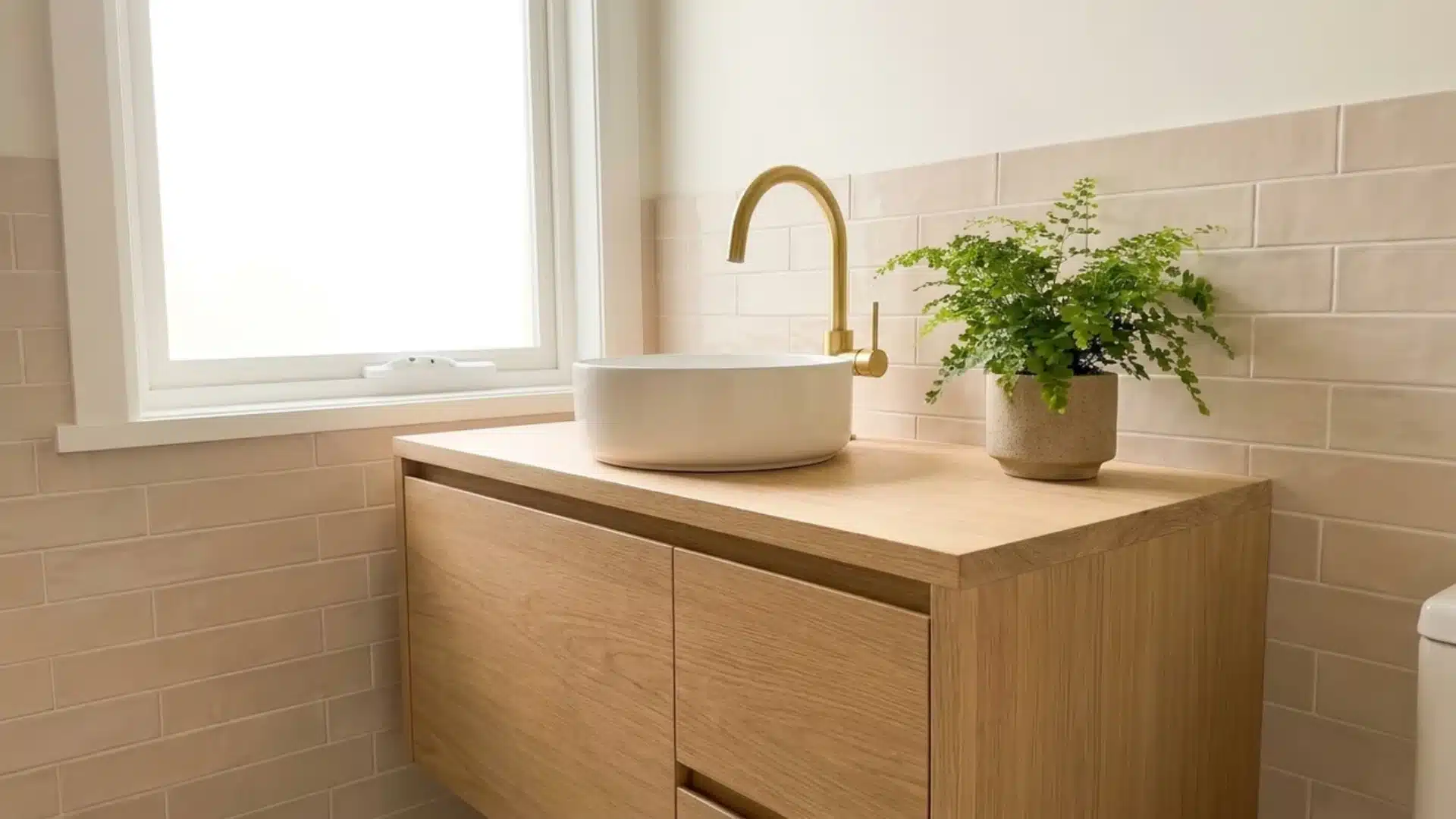 wood floating vanity with round sink gold faucet and potted fern near a bright window