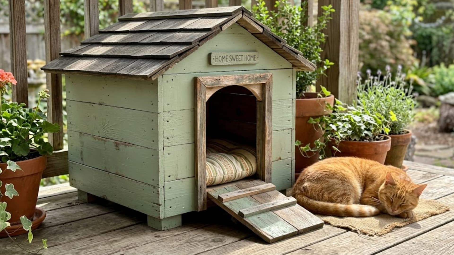 ginger cat sleeping beside a rustic green diy cat house with a wooden ramp and striped bed