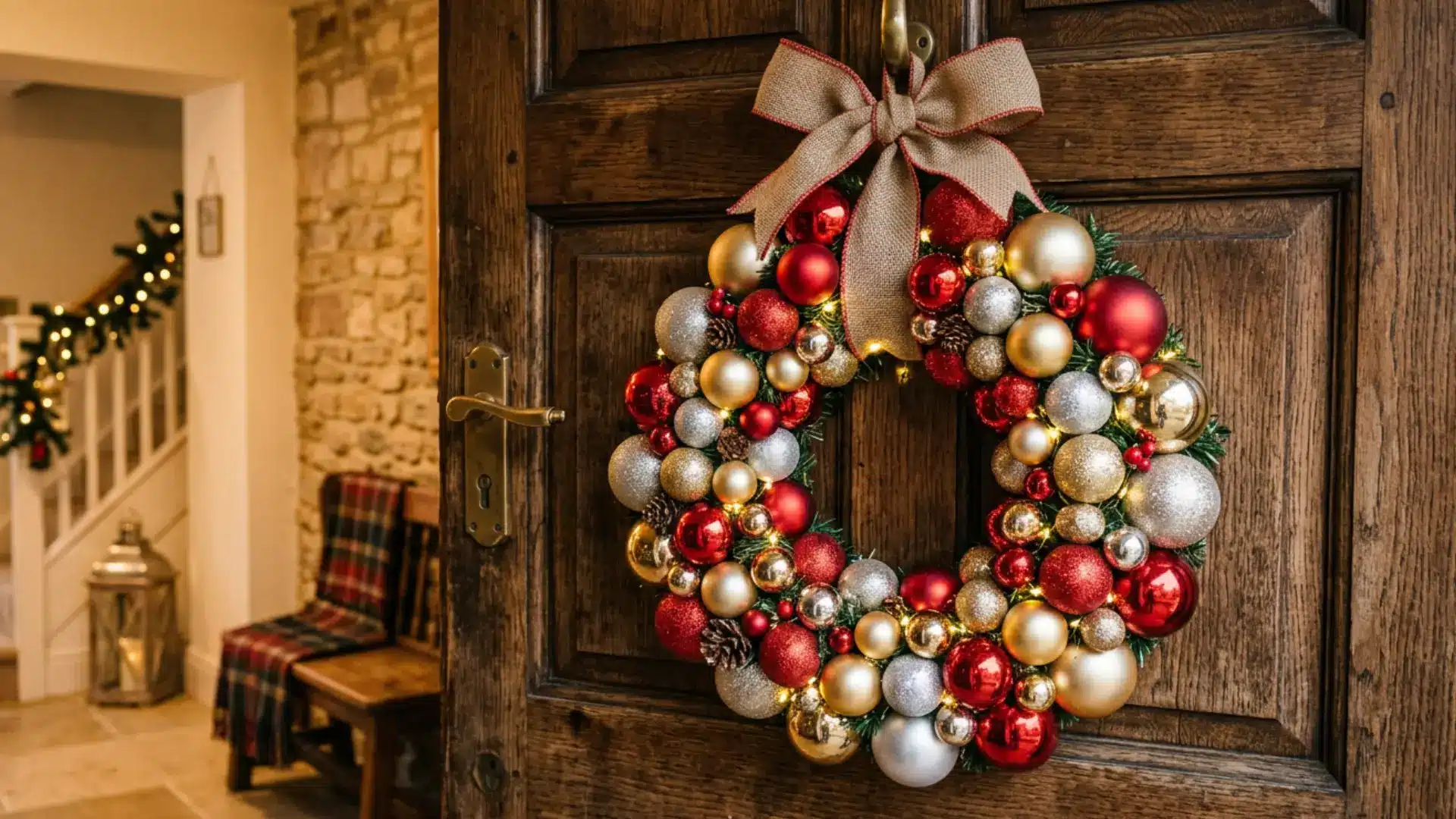 diy christmas ornament wreath with mixed-size ornaments