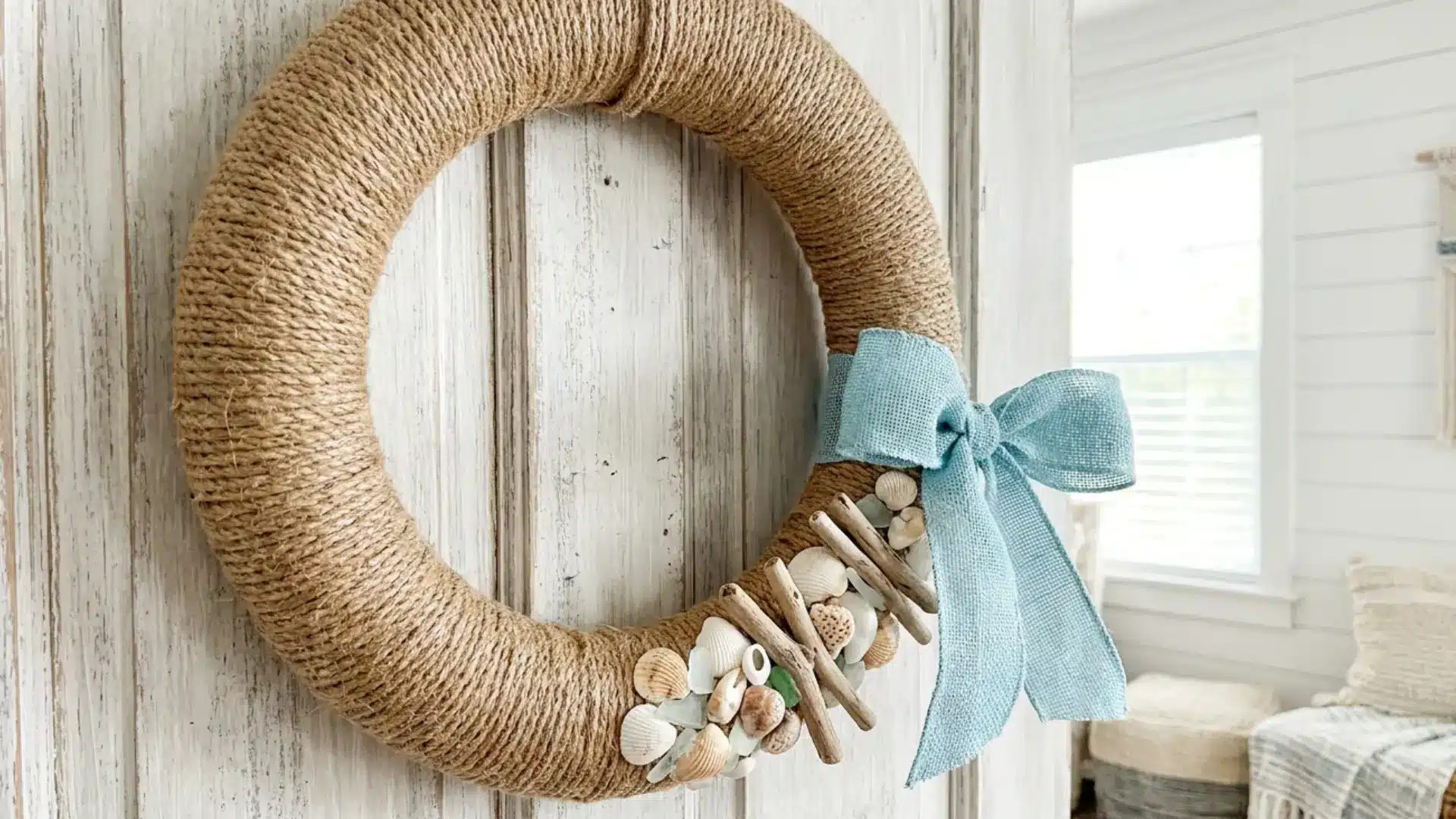diy coastal rope wreath with shells and driftwood accents