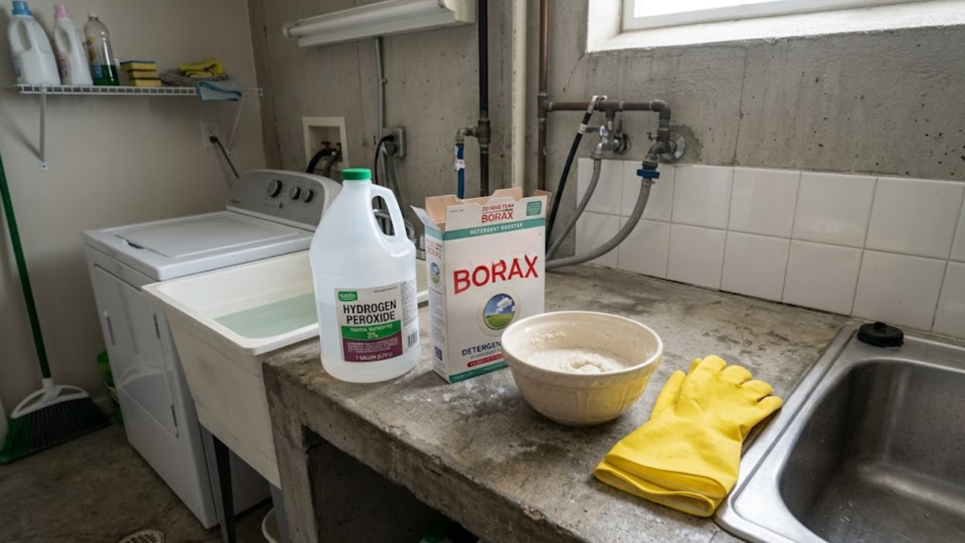hydrogen peroxide borax and baking soda paste with gloves set up on laundry room counter