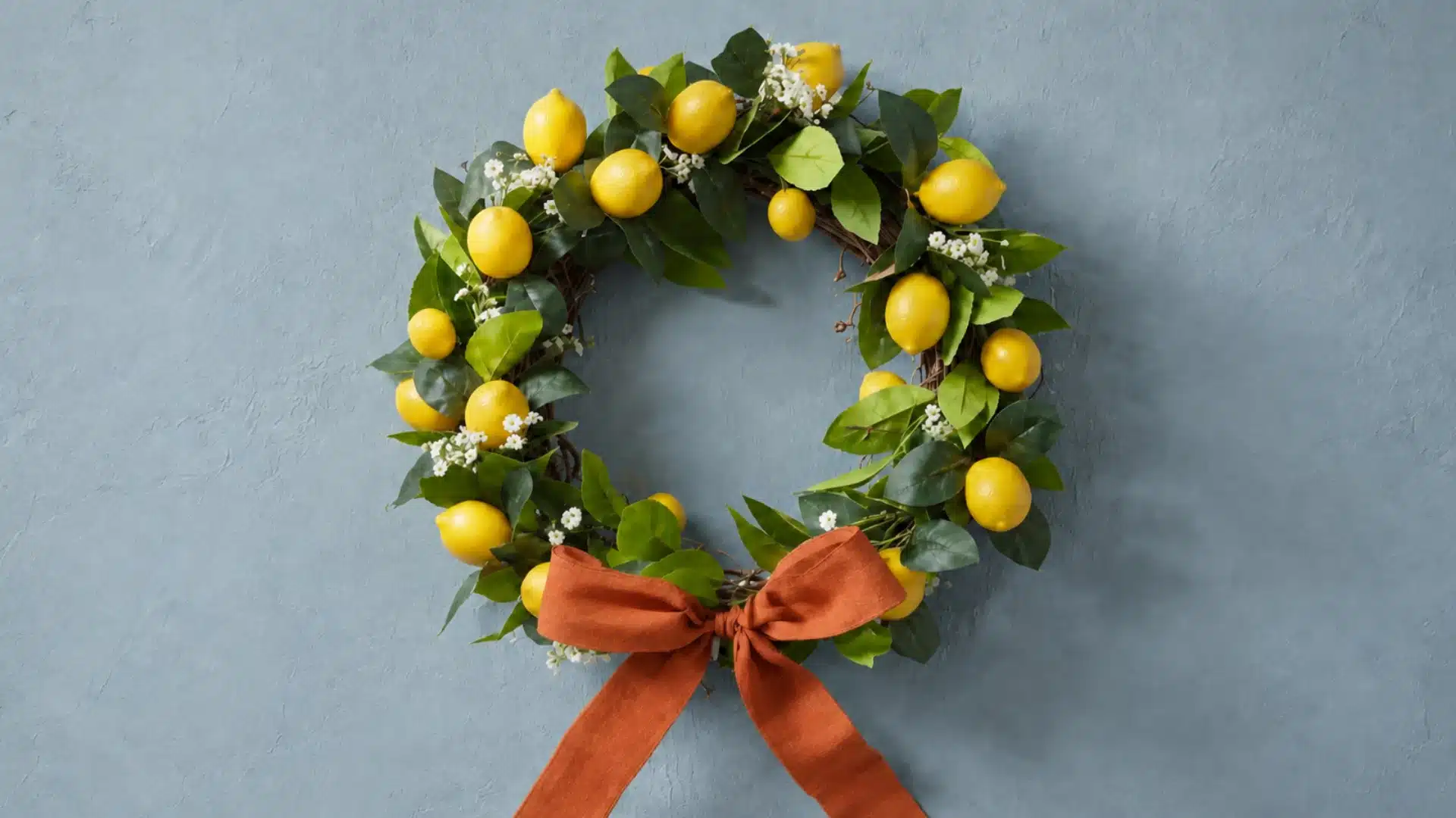 diy lemon and eucalyptus wreath with a red ribbon for summer decor