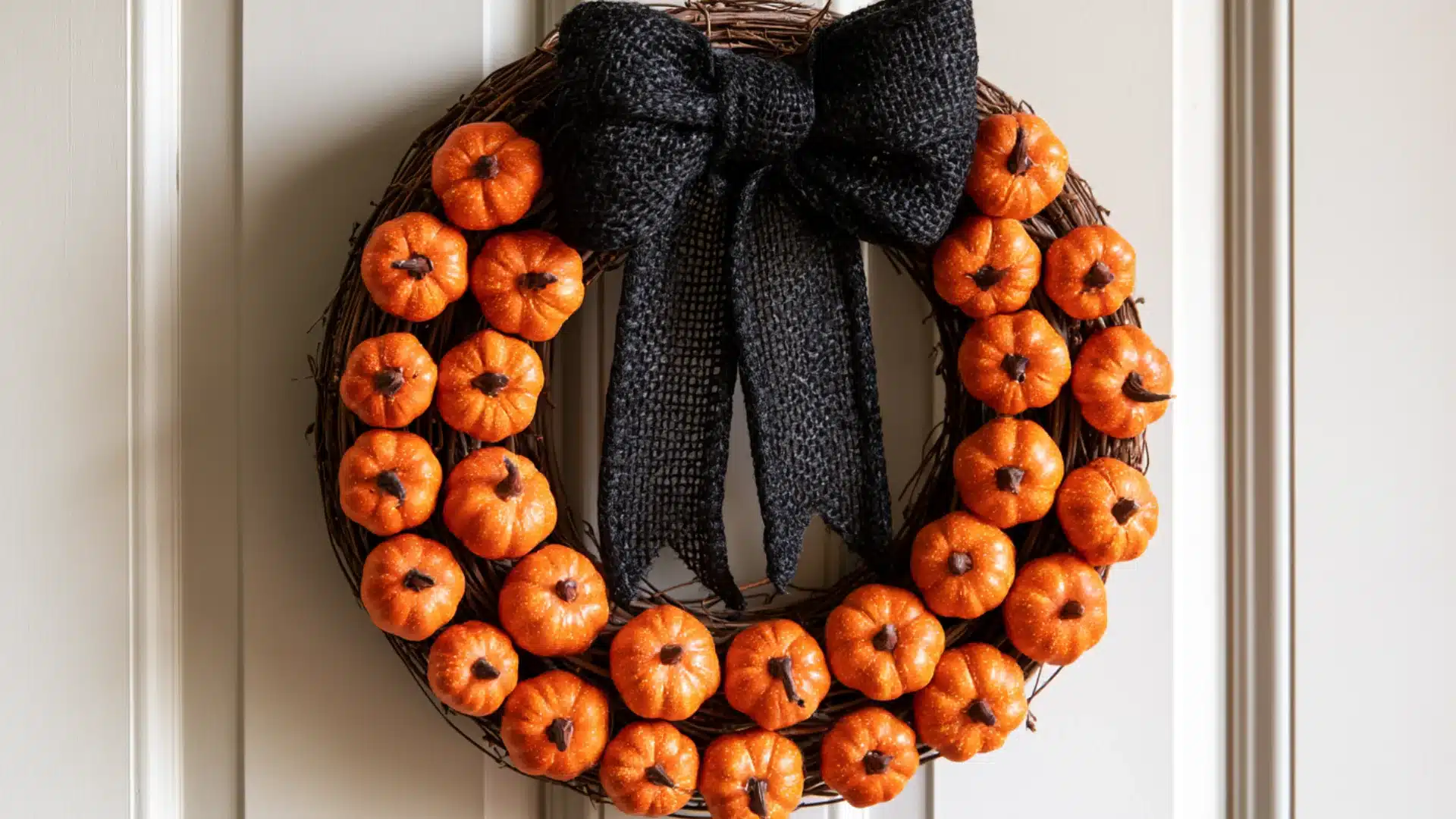 diy mini pumpkin wreath with fall foliage and black ribbon
