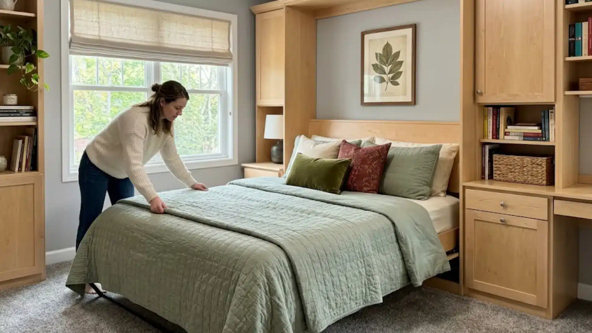 woman making the bed on a diy murphy bed setup with wooden cabinets and built in shelving