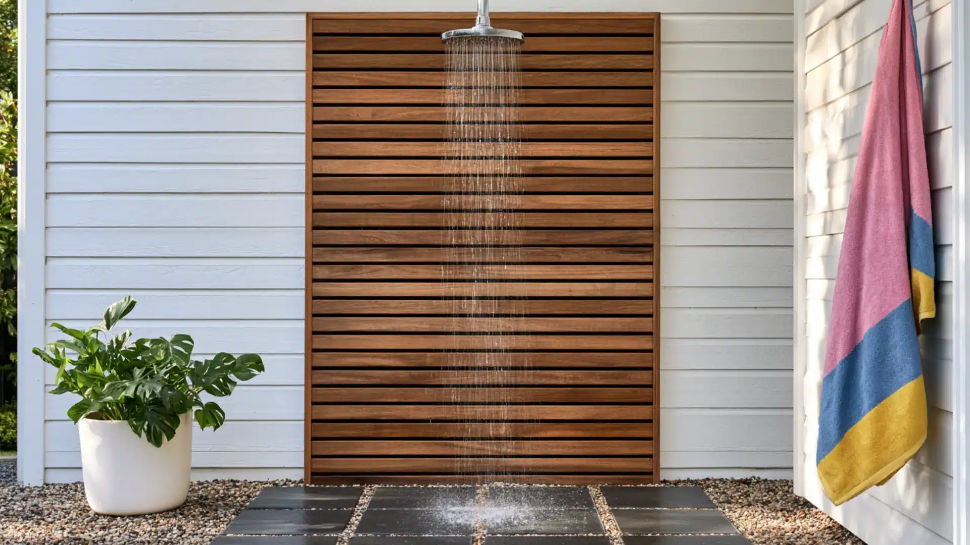 wooden open outdoor shower with running water an open door and a towel hanging on the panel
