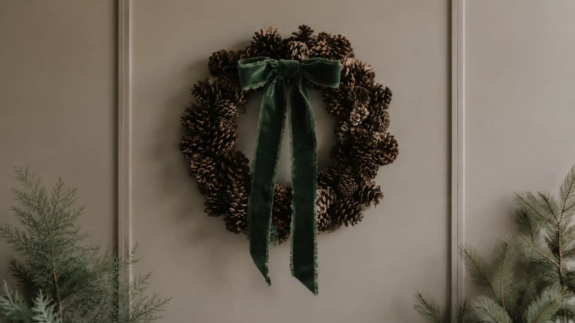 diy pinecone wreath made with mixed-size natural pinecones a green ribbon