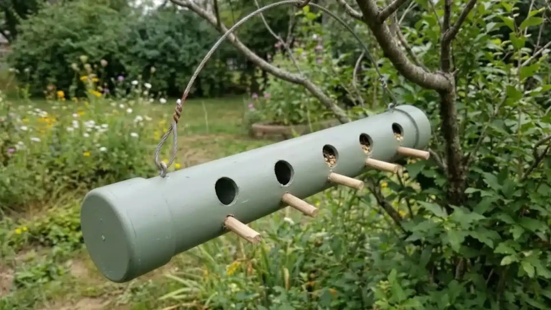 diy pvc pipe bird feeder with multiple feeding holes and wooden perches hanging in a garden