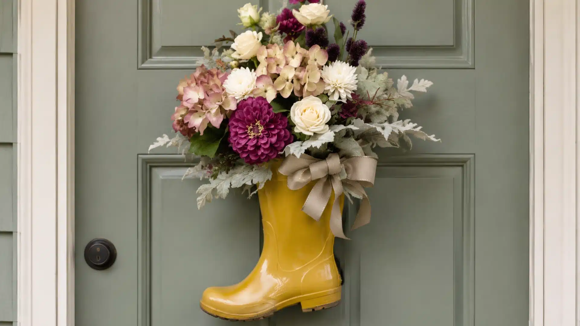diy rain boot wreath filled with spring flowers for front porch decor