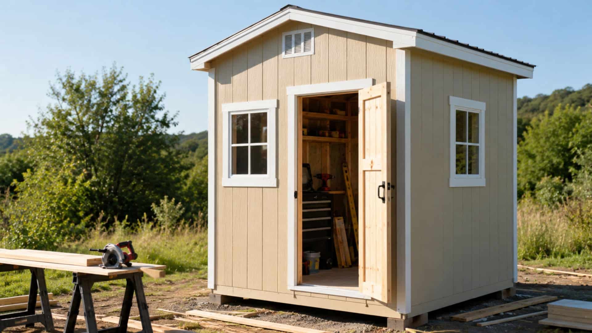 a newly built diy shed in a sunny backyard with open door and visible tools on a warm afternoon