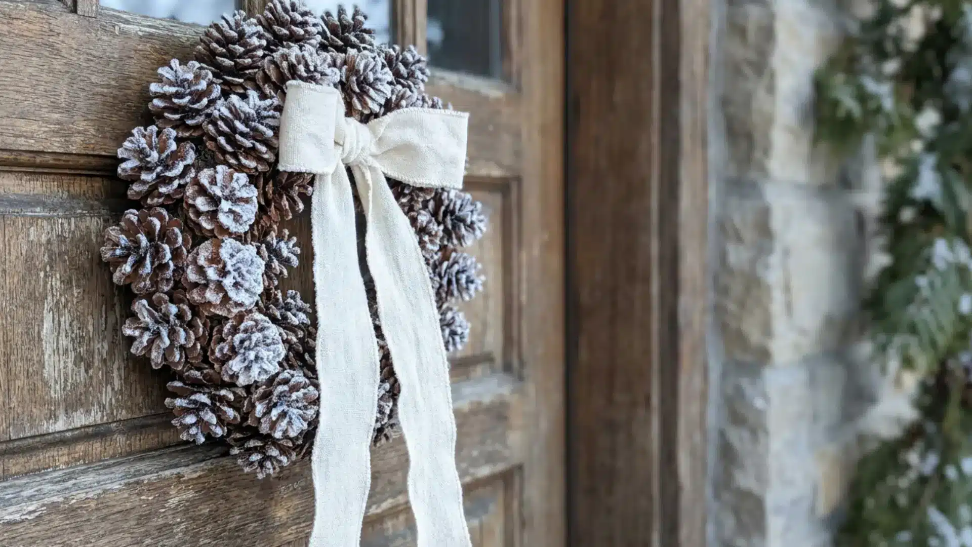 diy snowy pinecone wreath with a frosted finish and ribbon bow