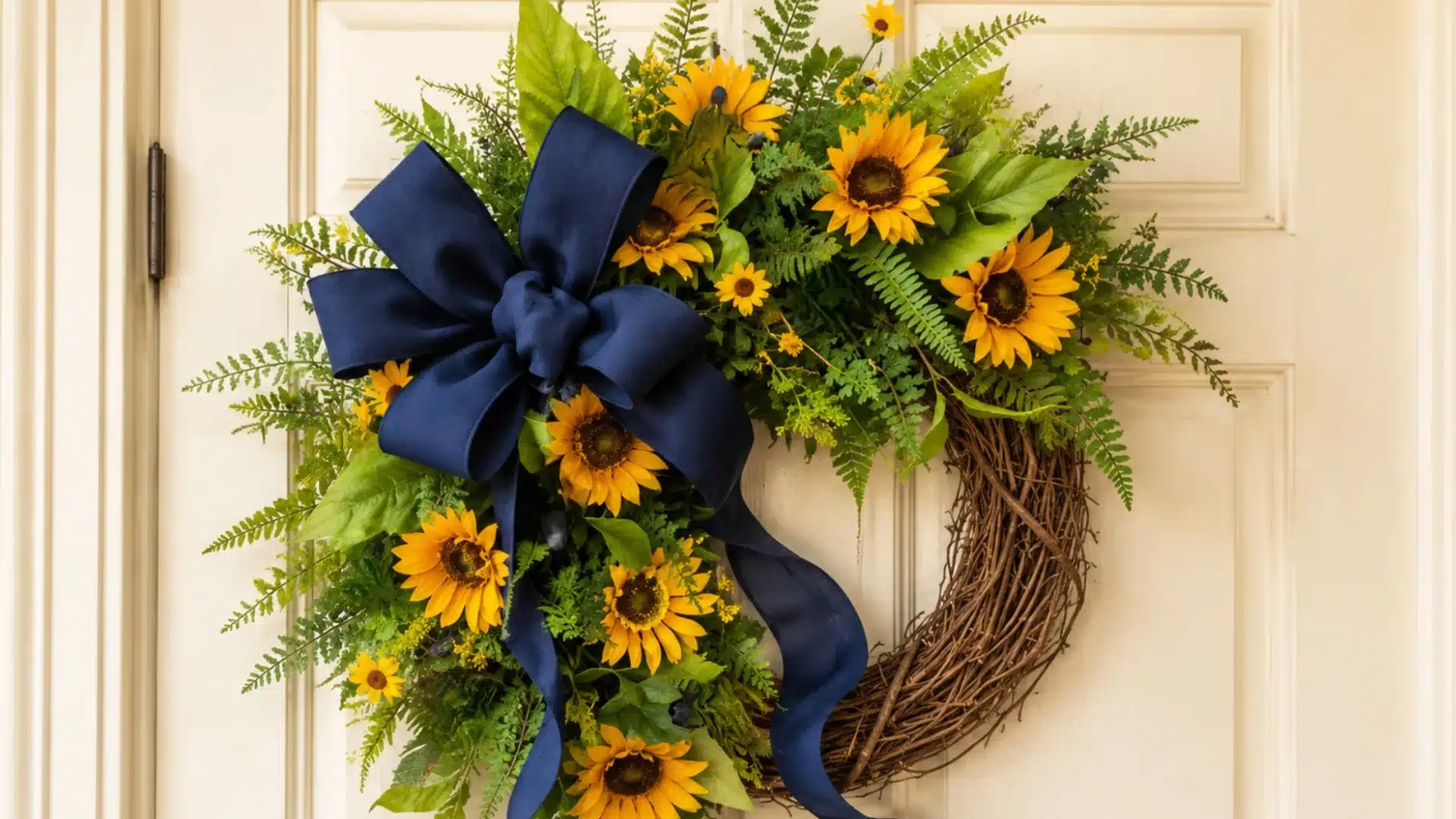 diy sunflower wreath with yellow blooms on a grapevine base with a navy blue ribbon