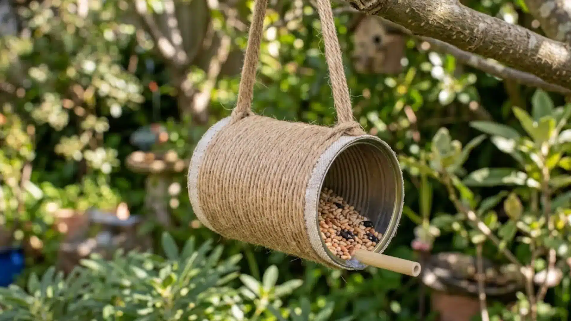 diy tin can bird feeder wrapped in twine, filled with seeds, and hanging from a garden tree