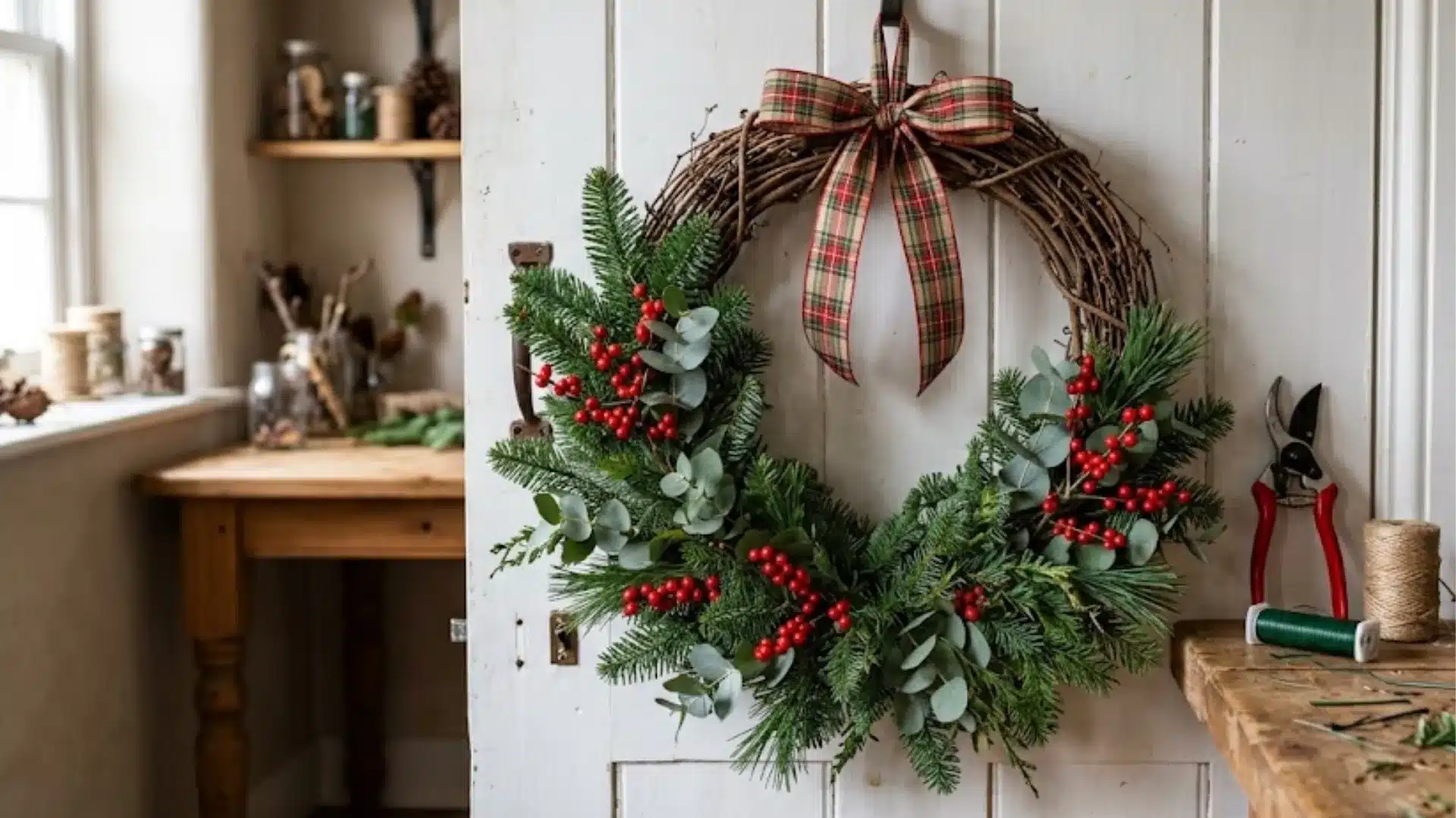 diy grapevine wreath with evergreen branches, red berries, eucalyptus, and a plaid bow