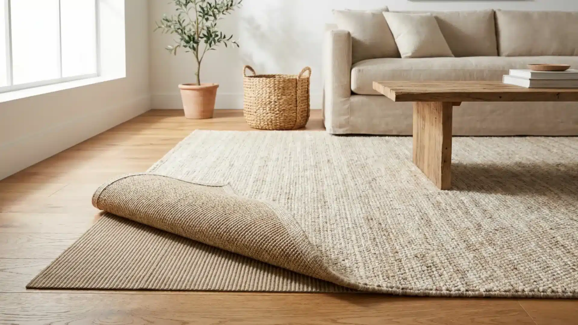 living room rug rolled back to show a ridged pad on hardwood floor near a wood coffee table