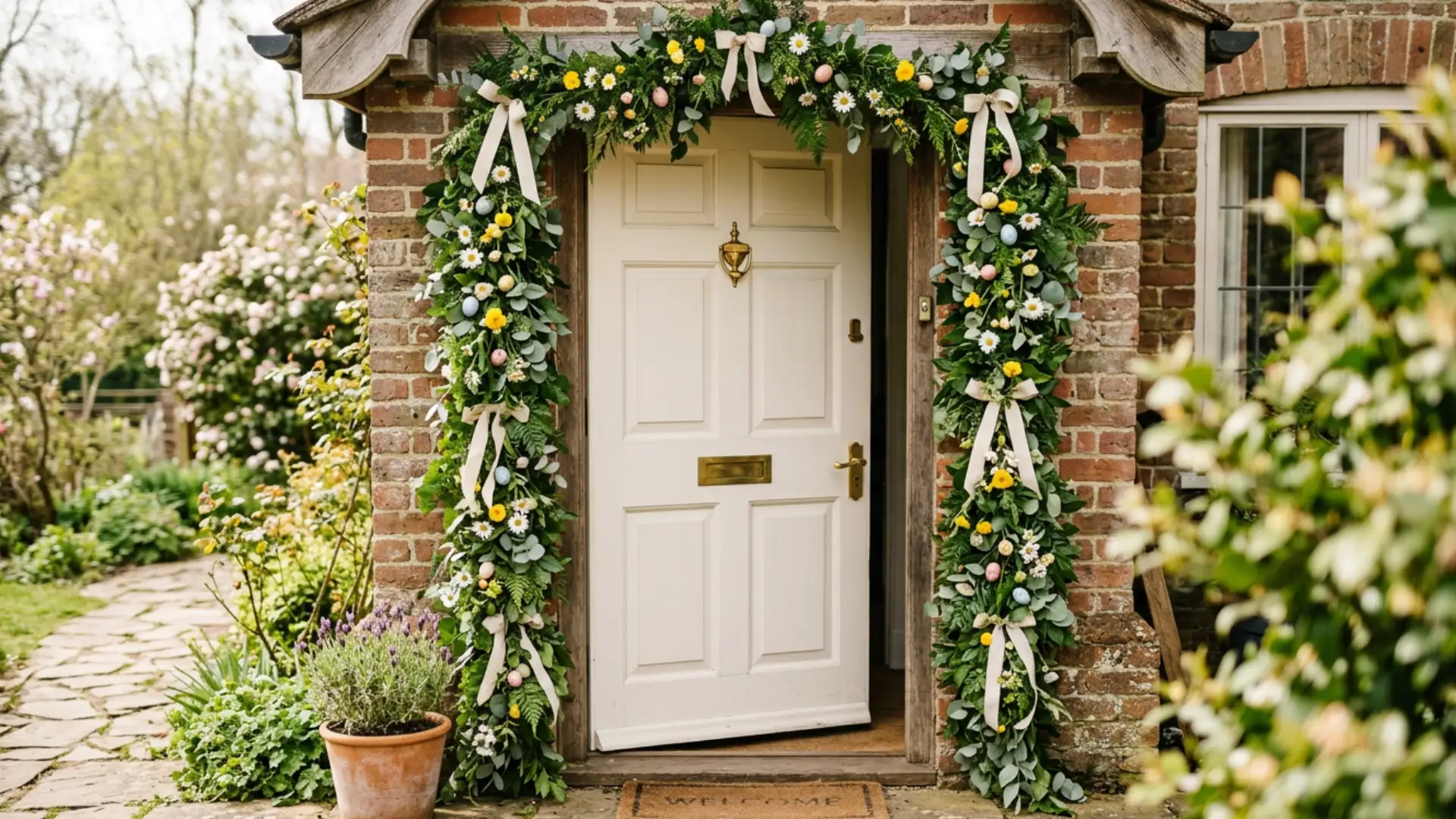 doorway framed with a greenery garland woven with flowers and pastel eggs